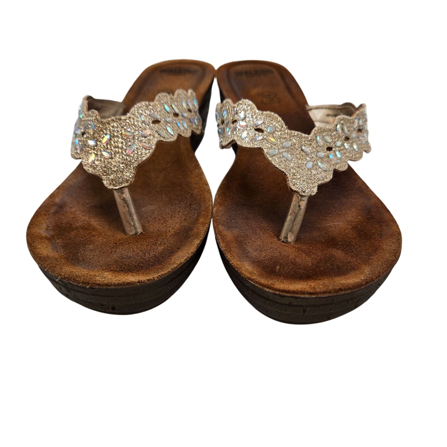 Walking Comfort Wedge Scalloped and Beaded Thong Strap Sandals Size 40/US 9