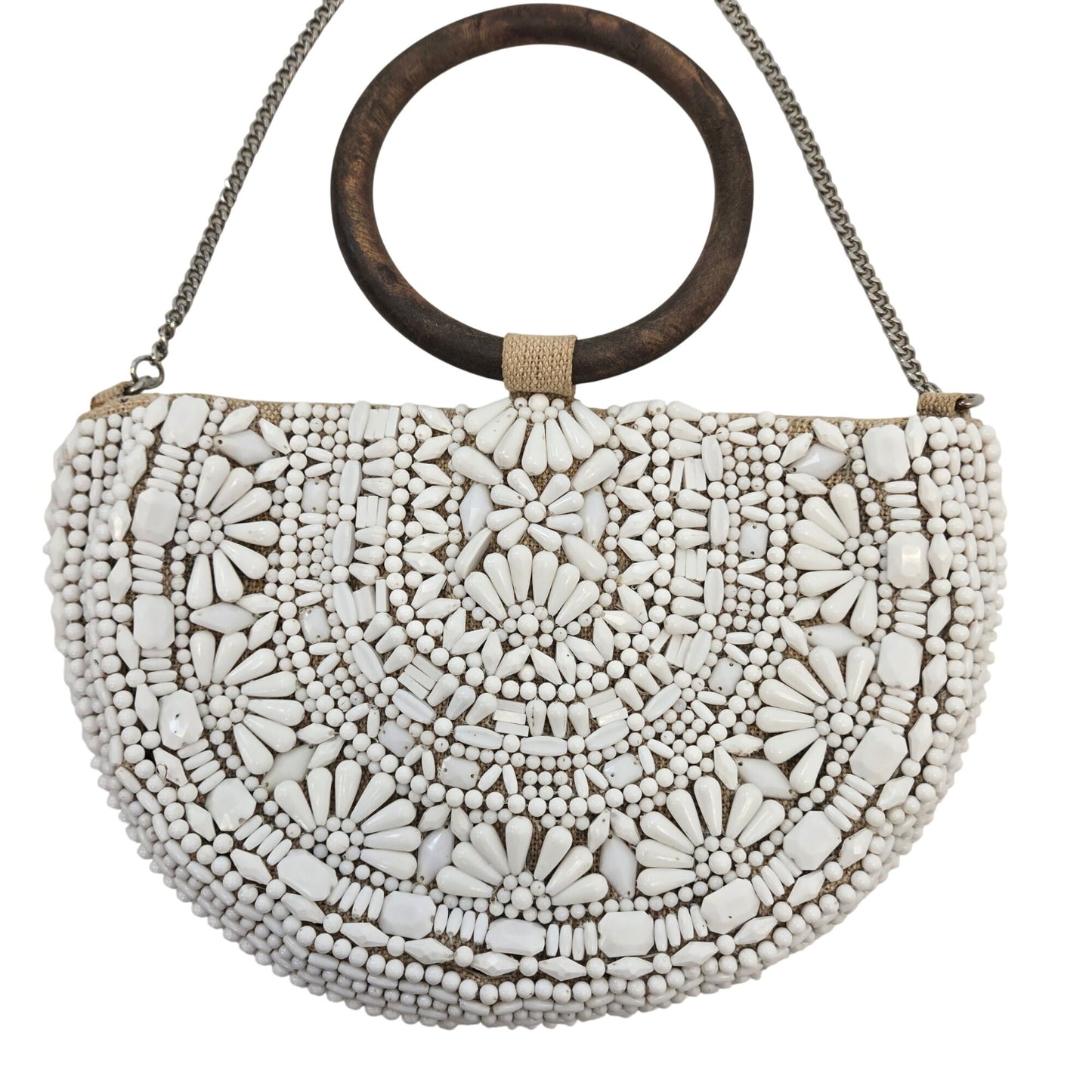 Zara Faux Mother-of-Pearl Beaded Half Moon Handbag