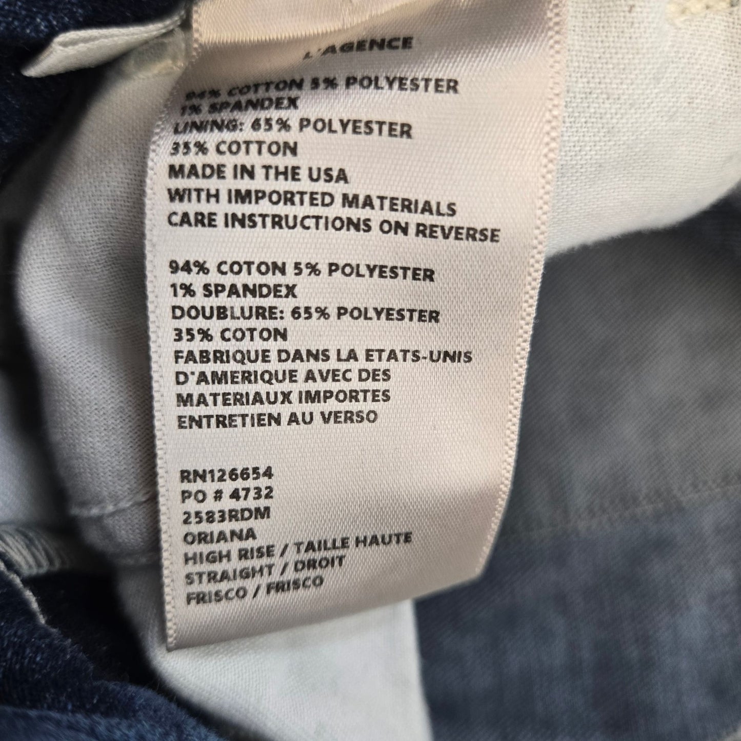 L'Agence Oriana High Rise Straight Leg Jeans Size 26