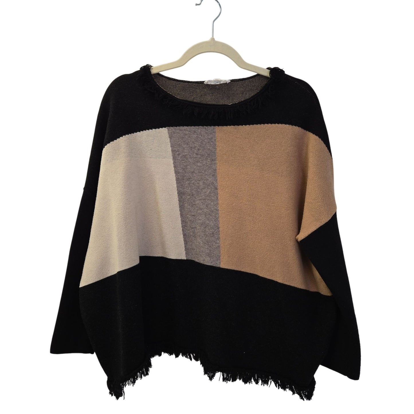 THML Oversized Colorblock Fringe Trim Crewneck Sweater Size Medium