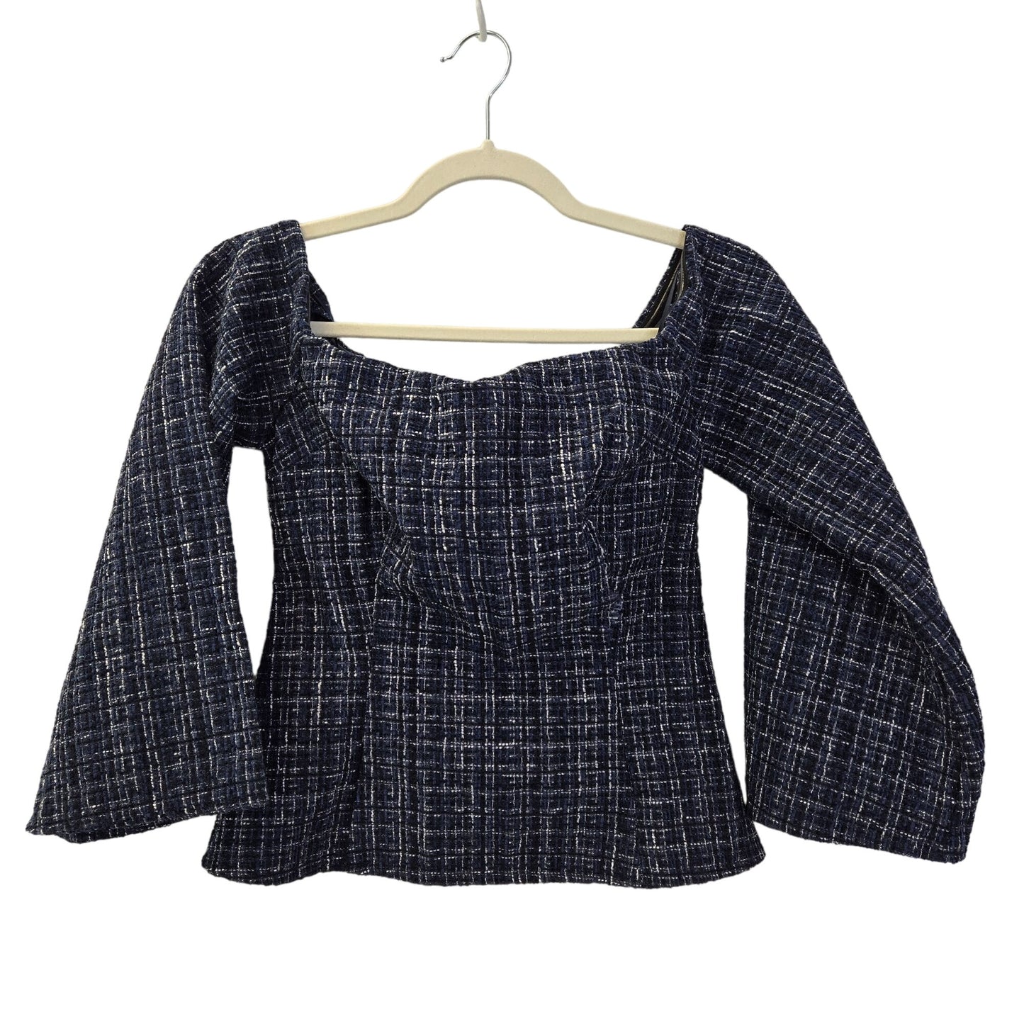 NWT Zara Tweed Off-the-Shoulder Bell Sleeve Crop Top Size XS