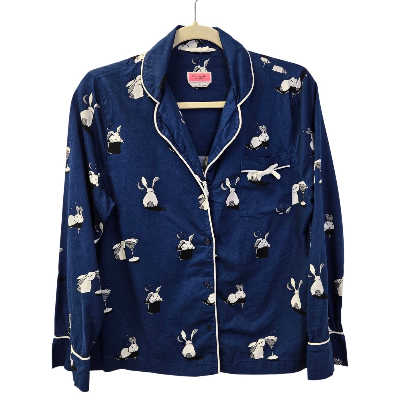 Kate Spade Bun Bun Bunny Magic Hat Martini Navy Blue Pajama Top Size Small