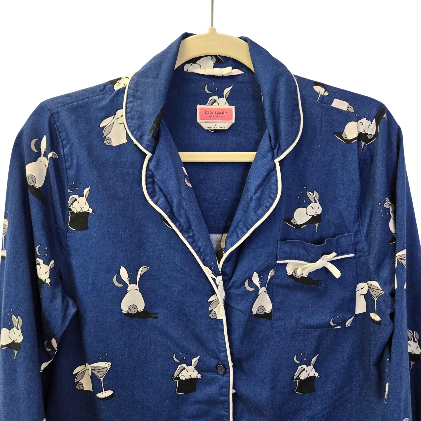 Kate Spade Bun Bun Bunny Magic Hat Martini Navy Blue Pajama Top Size Small