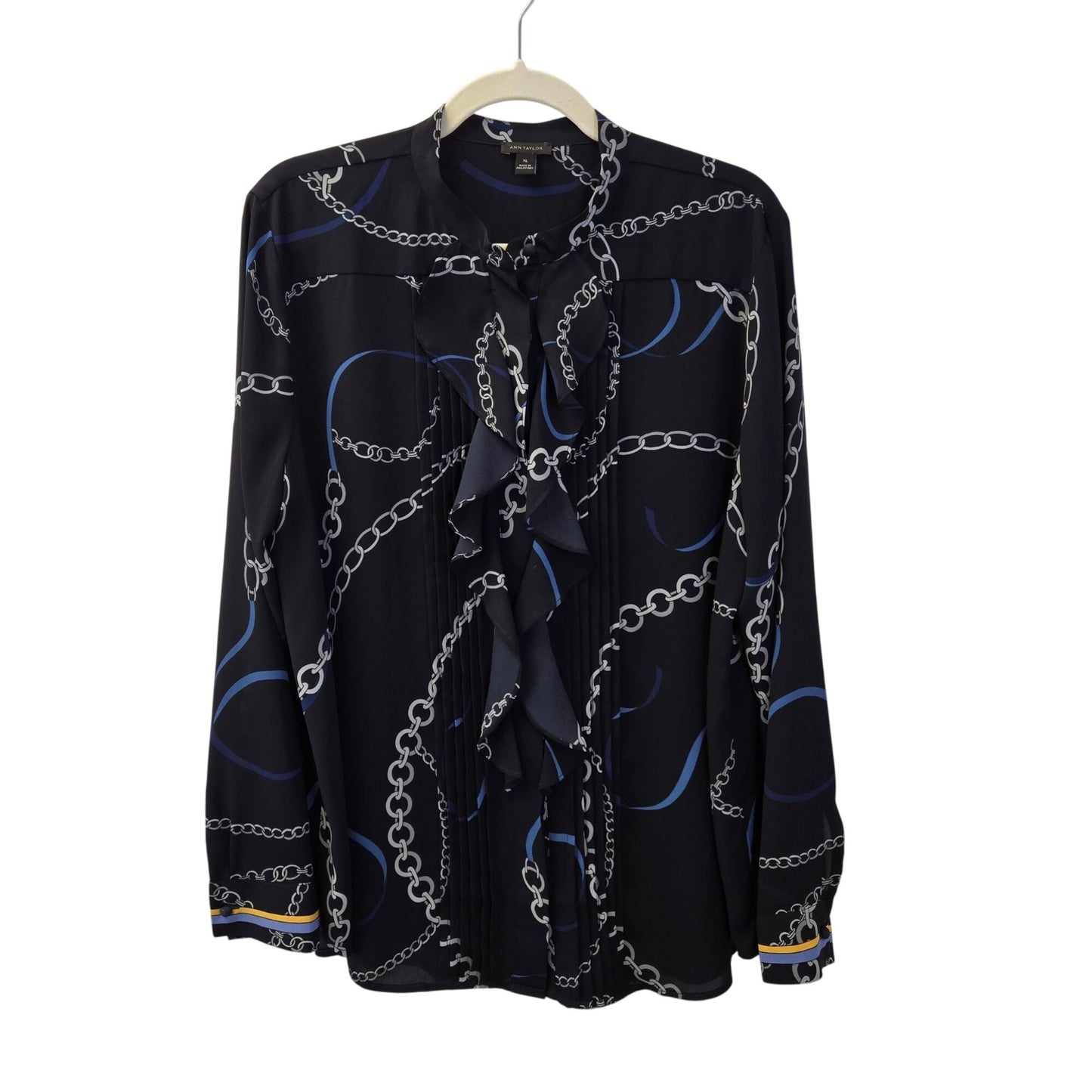 Ann Taylor Chain Print Cascading Ruffle & Pleat Detail Button Down Blouse Size XL