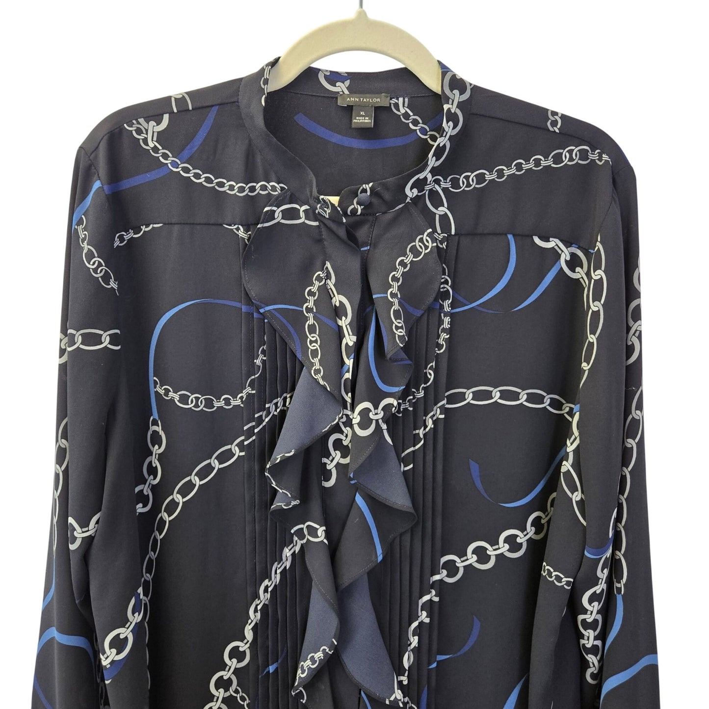 Ann Taylor Chain Print Cascading Ruffle & Pleat Detail Button Down Blouse Size XL