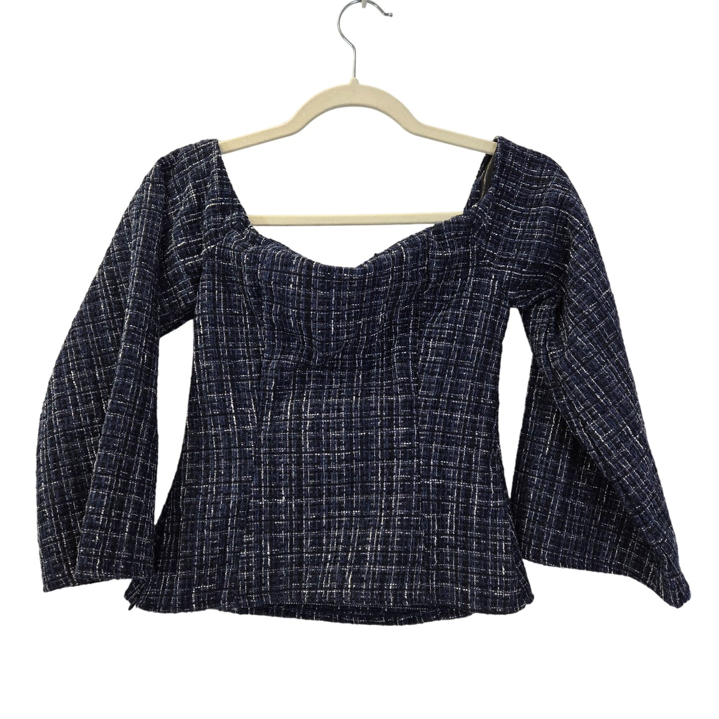 NWT Zara Tweed Off-the-Shoulder Bell Sleeve Crop Top Size XS