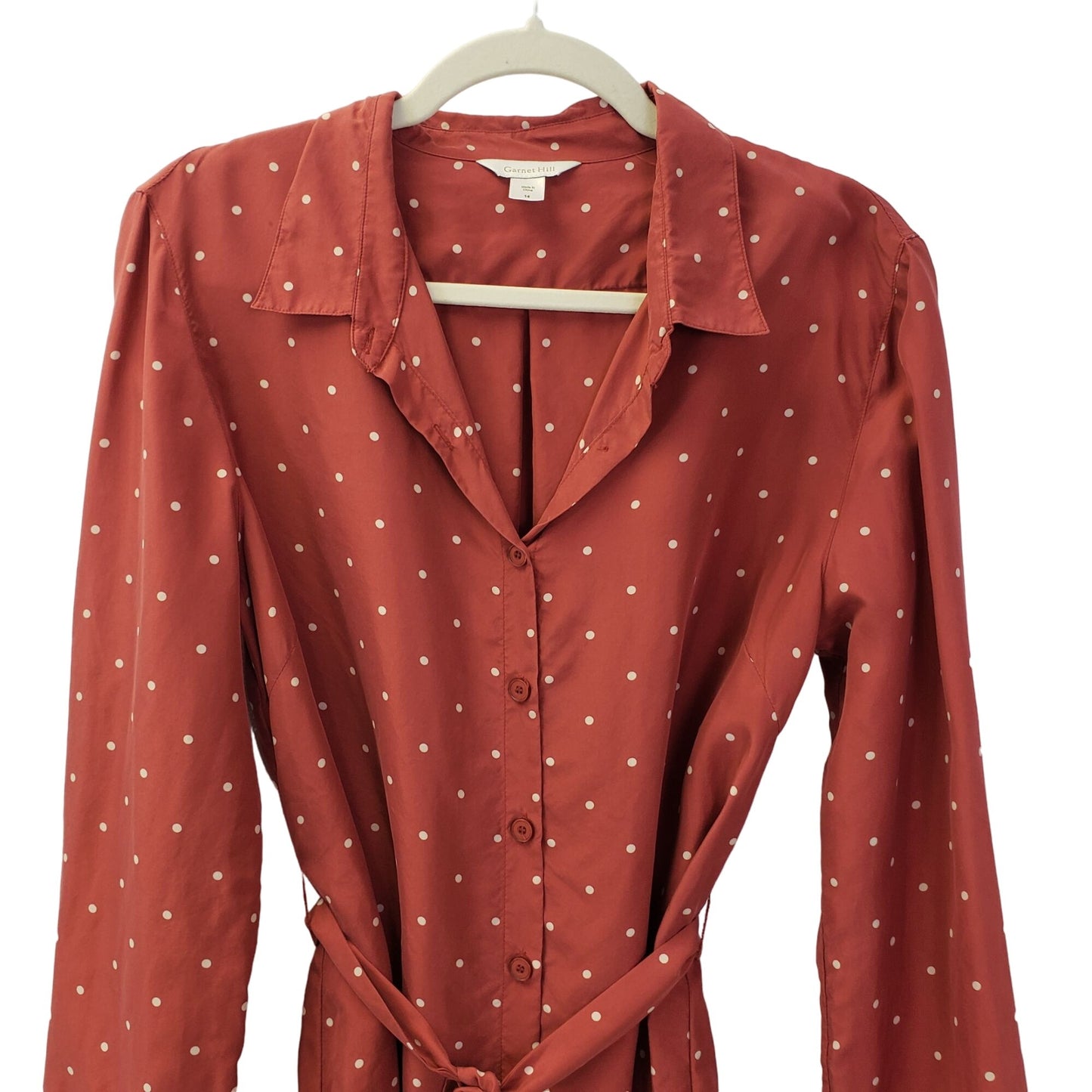 Garnet Hill 100% Silk Polka Dot Shirt Dress Size 14