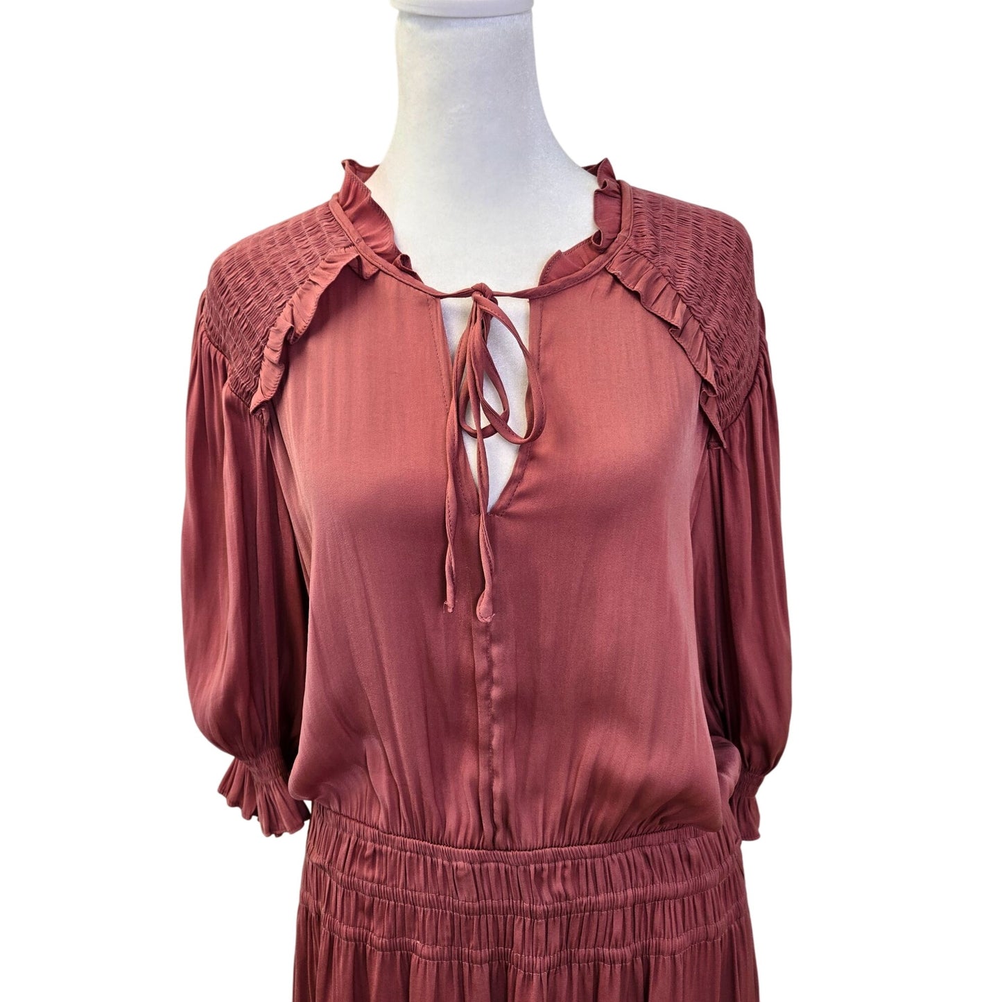 Anthro Current Air Ruched Shoulder Ruffle Trim Boho Midi Dress Size Large