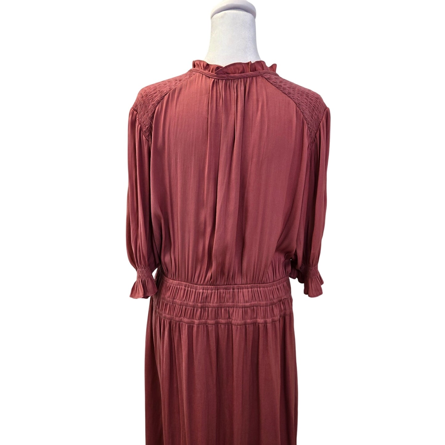 Anthro Current Air Ruched Shoulder Ruffle Trim Boho Midi Dress Size Large