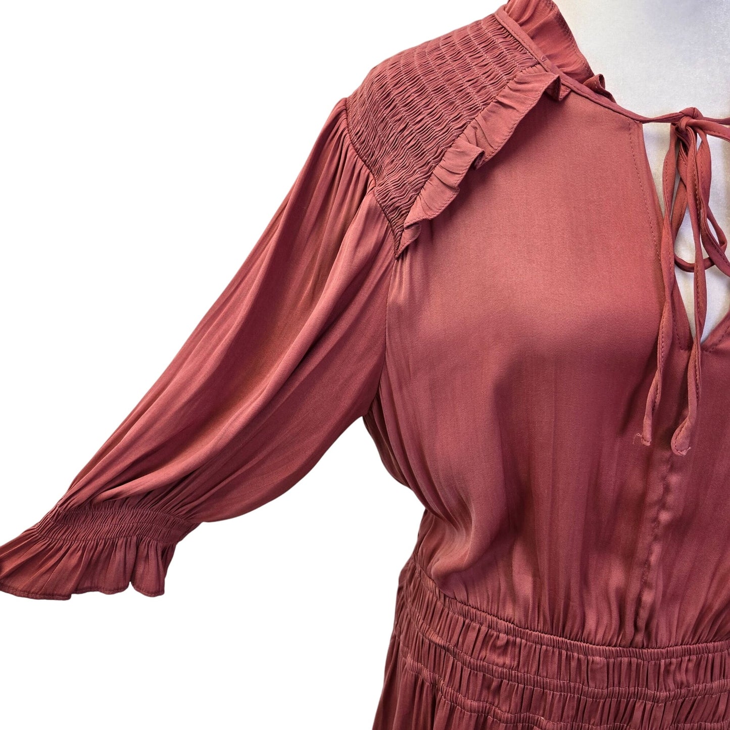 Anthro Current Air Ruched Shoulder Ruffle Trim Boho Midi Dress Size Large