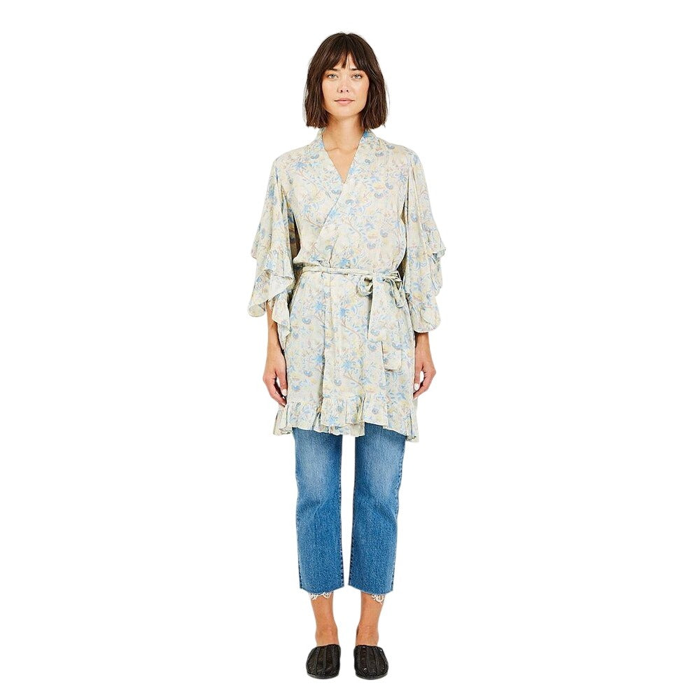 Mes Demoiselles Sally 100% Viscose Floral Ruffle Trim Kimono Belted Top Size 6