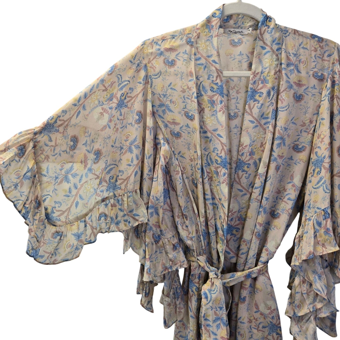 Mes Demoiselles Sally 100% Viscose Floral Ruffle Trim Kimono Belted Top Size 6