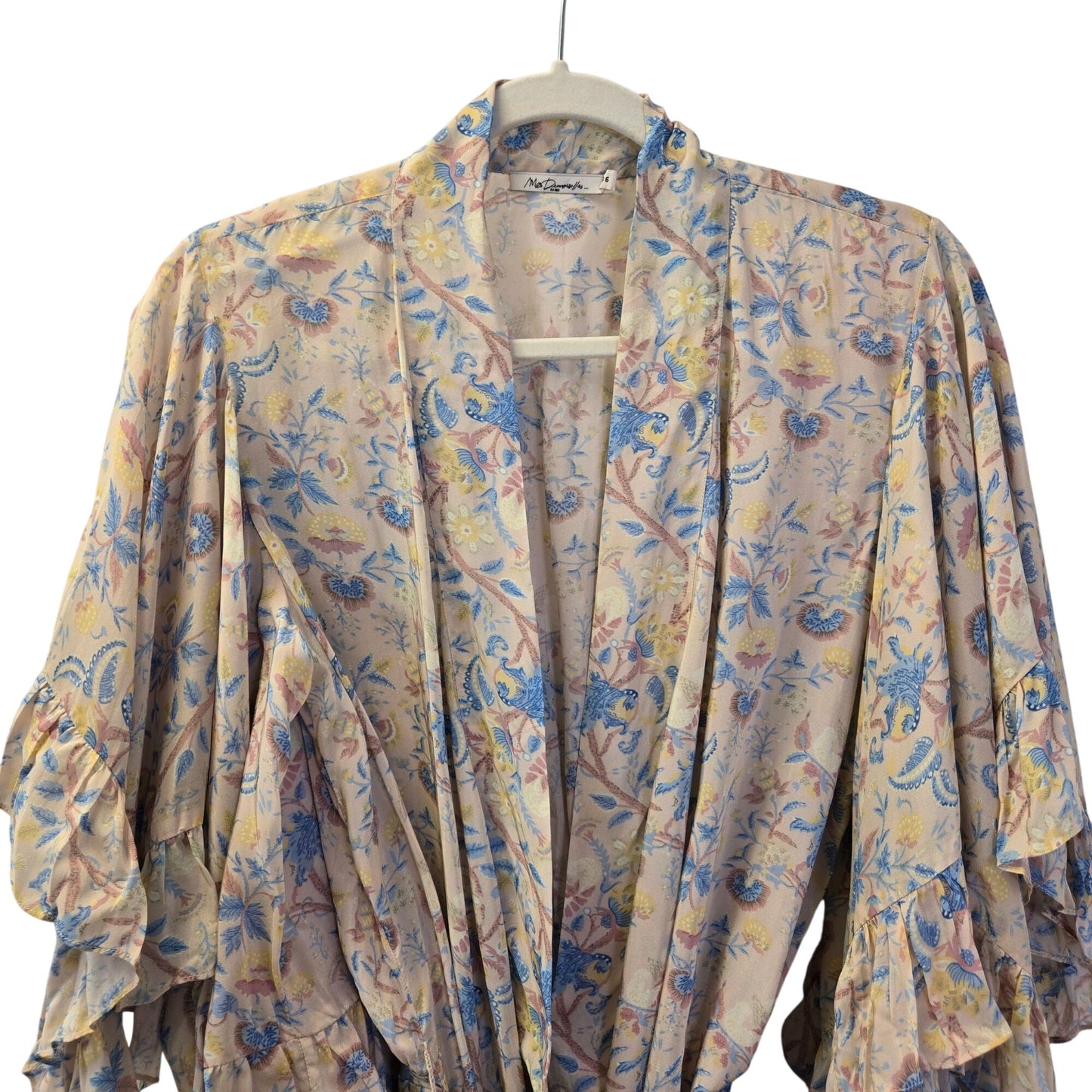 Mes Demoiselles Sally 100% Viscose Floral Ruffle Trim Kimono Belted Top Size 6