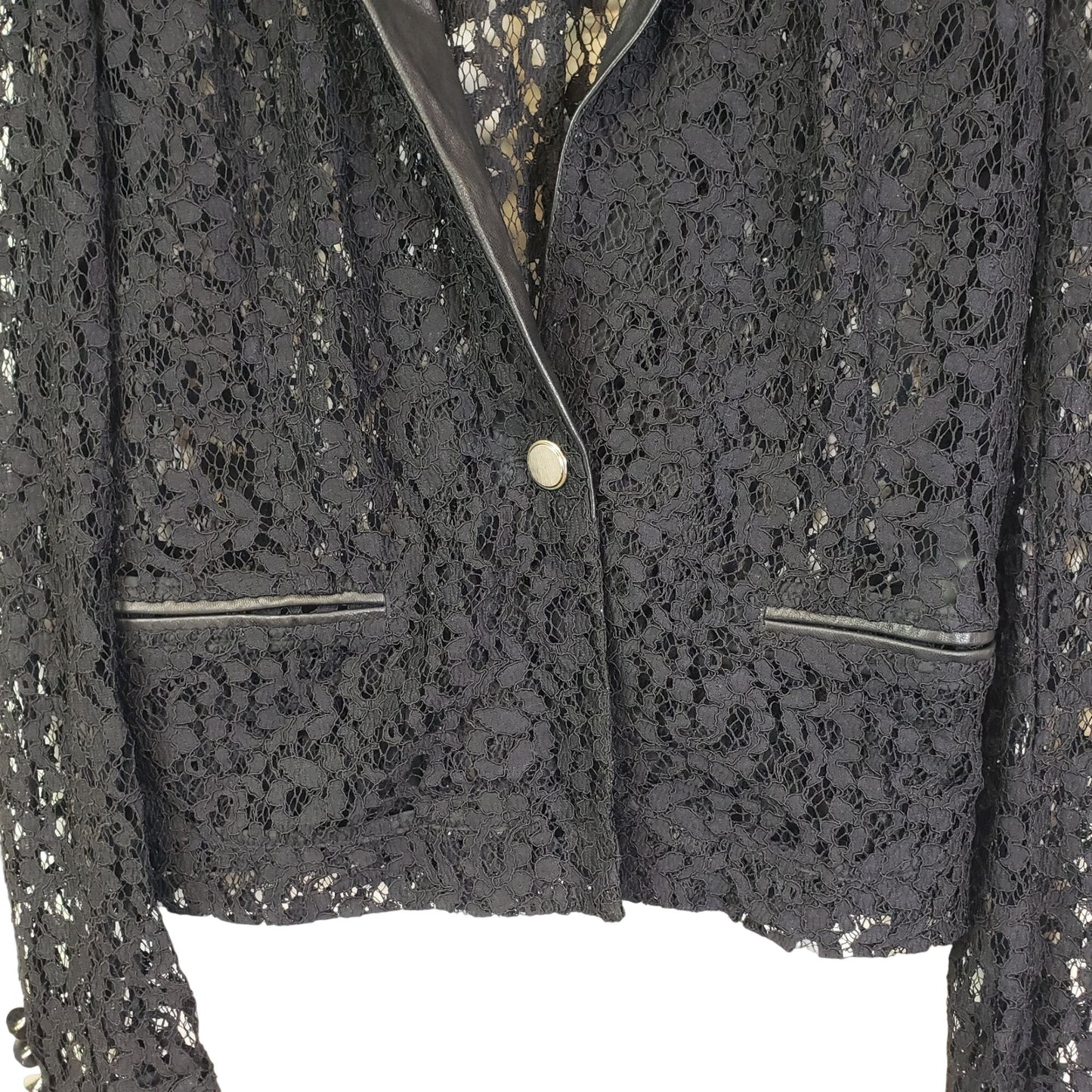 The Kooples Sheer Lace One Button Blazer w/Leather Trim Size M/L