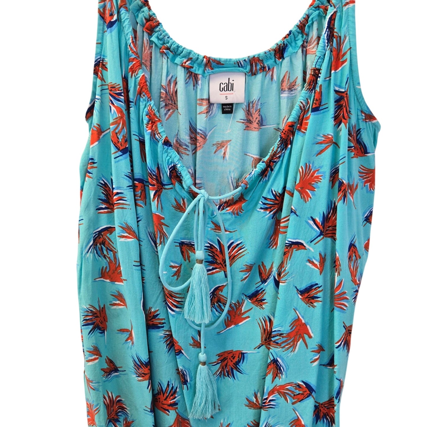 Cabi Tassel Tank Top Palm Leaf Print 100% Rayon Blouse Size Small