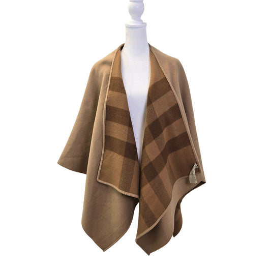 Burberry Charlotte Reversible Solid to Check Wool Poncho Cape One Size