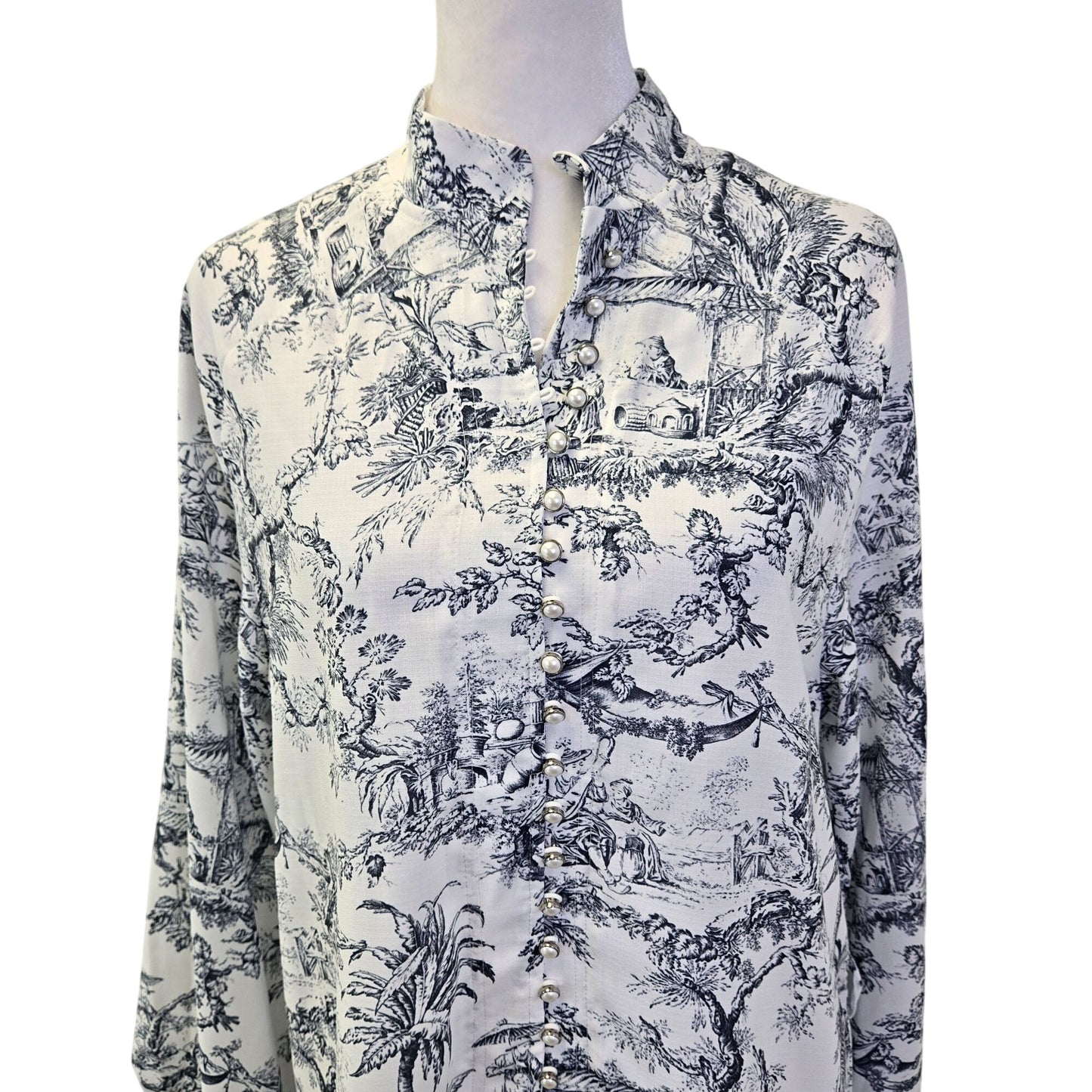 NWT Commense Gray Ink Marta Toile Button High Neck Mini Dress Small *NO BELT*