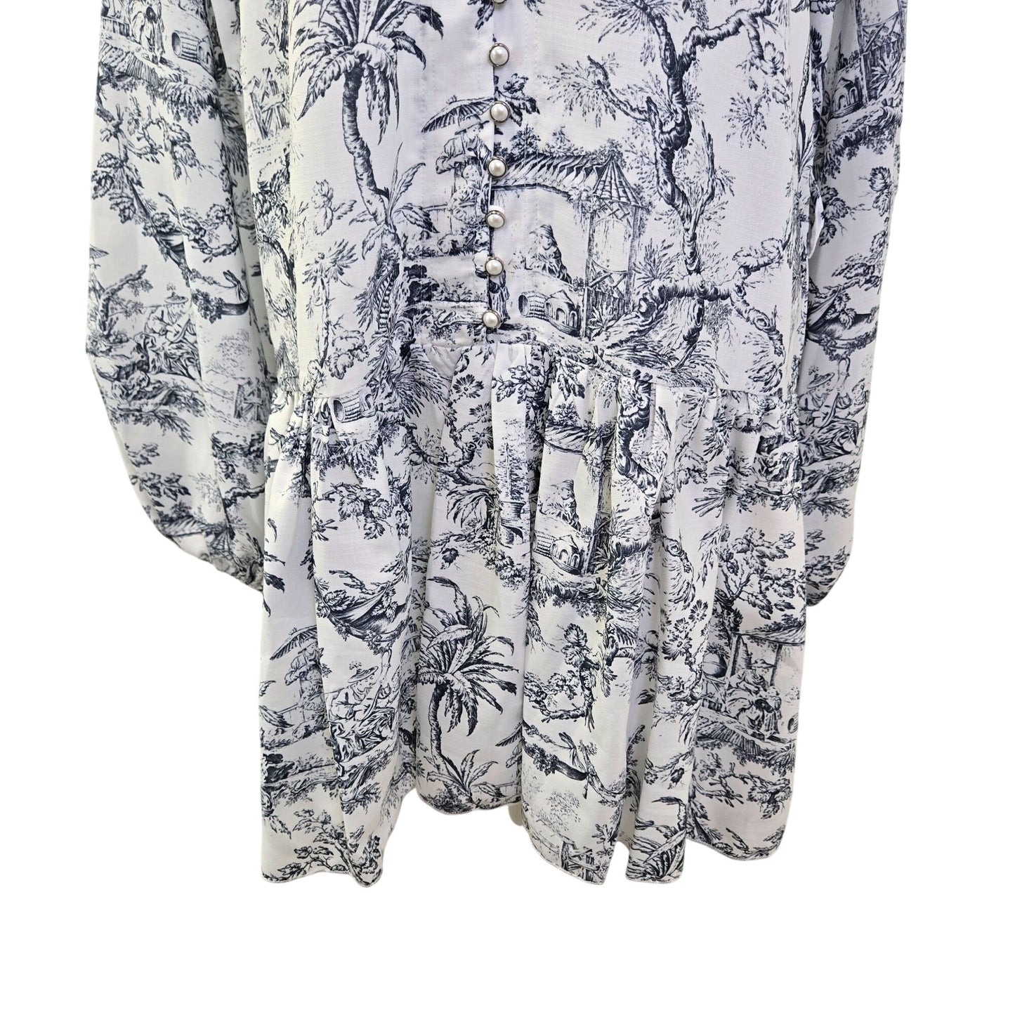 NWT Commense Gray Ink Marta Toile Button High Neck Mini Dress Small *NO BELT*
