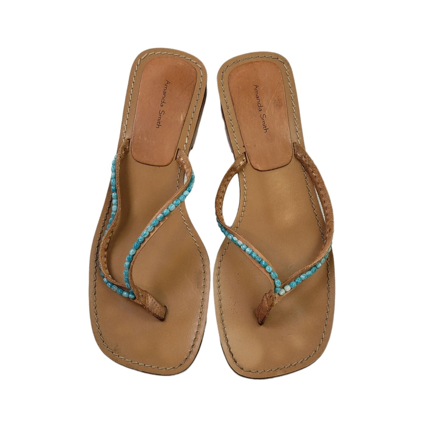 Amanda Smith Caribe Turquoise Beaded Leather Thong Sandals Size 10