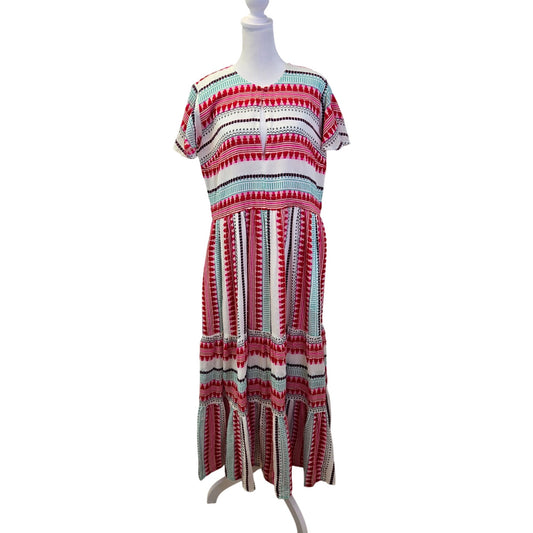 Oliphant Mezcal Embroidered Teired Hem Flutter Sleeve Maxi Dress Size Medium