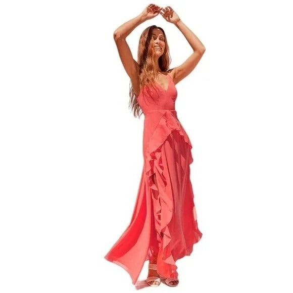 NWT Lulu's Vibrant Love Sleeveless Ruffled Maxi Dress in Coral Size XS