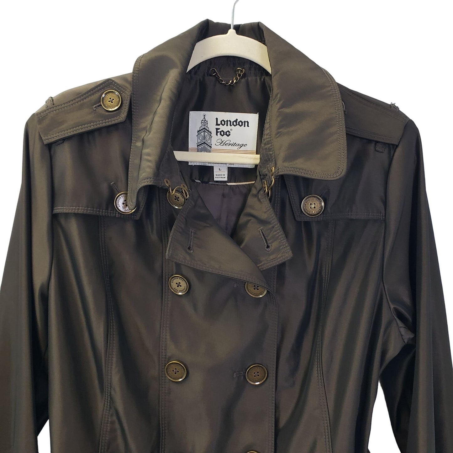 London Fog Metallic Bronze Tie Waist Trench Coat Size M/L