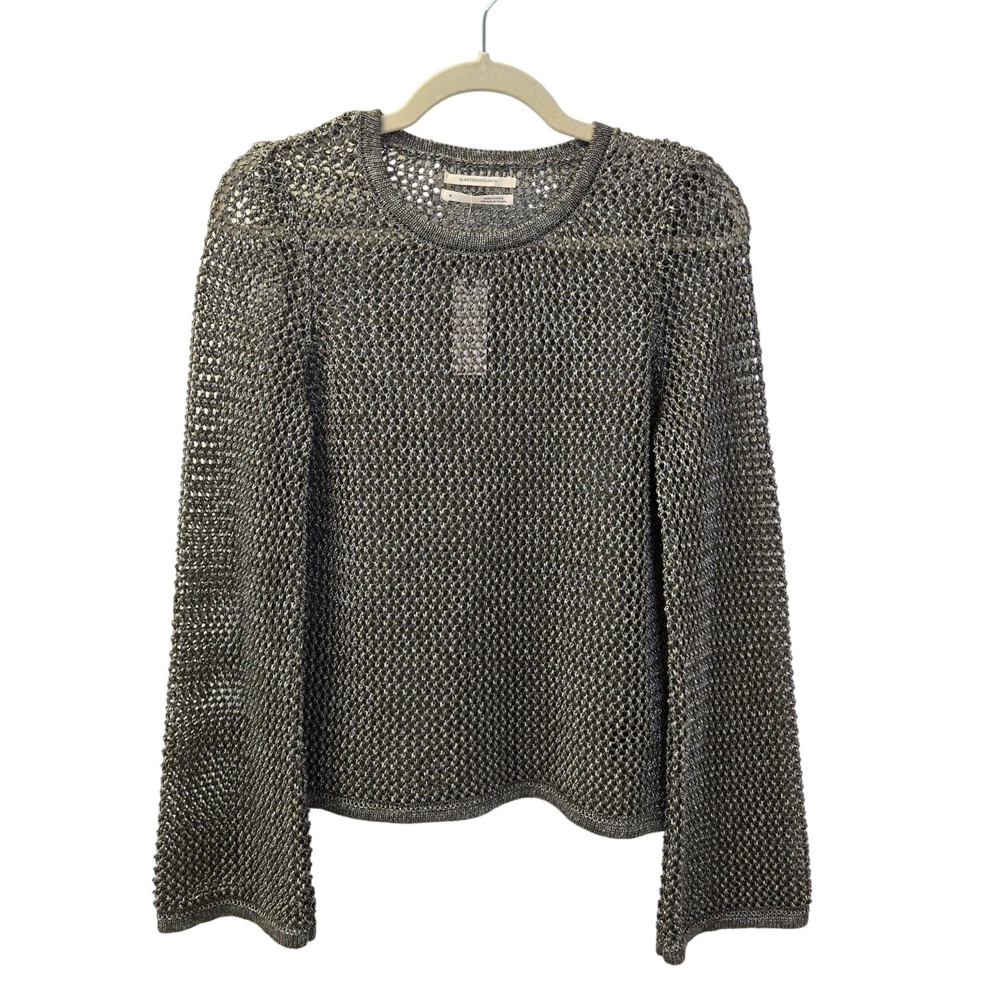 NWT Anthropologie Metallic Open Knit Crewneck Bell Sleeve Sweater Size Medium