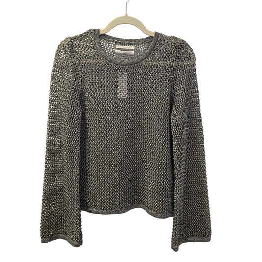 NWT Anthropologie Metallic Open Knit Crewneck Bell Sleeve Sweater Size Medium