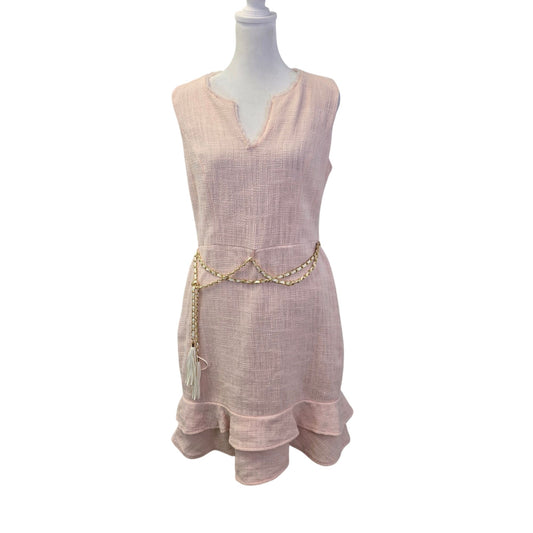 NWOT Karl Lagerfeld Pink Tweed Ruffle Hem Belted Dress Size 8