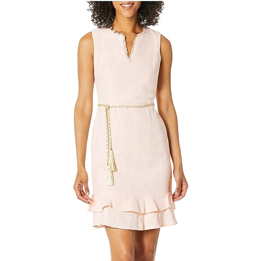 NWOT Karl Lagerfeld Pink Tweed Ruffle Hem Belted Dress Size 8