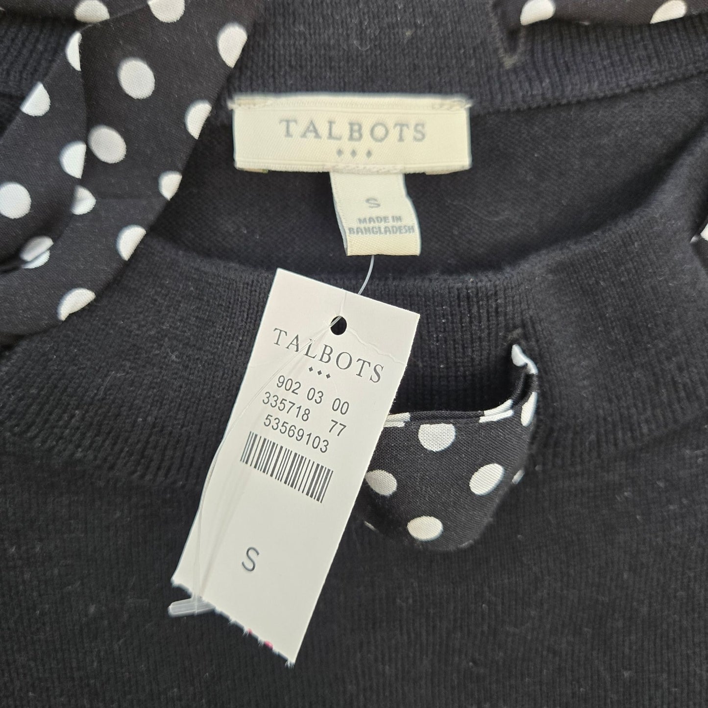 NWT Talbots Outlet Polka Dot Ribbon Detail 3/4 Sleeve Sweater Size Small