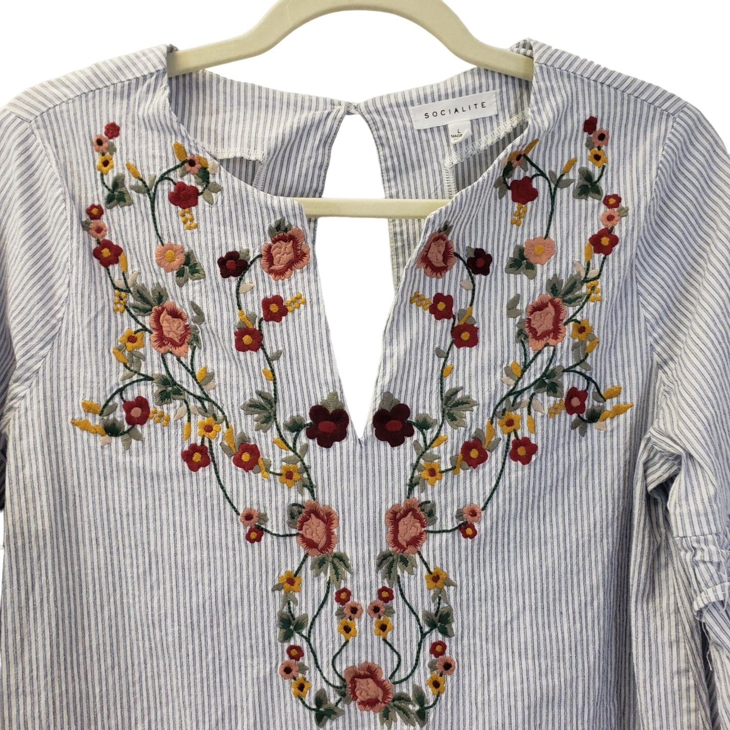 Socialite Striped Floral Embroidered Boho Top Size Medium