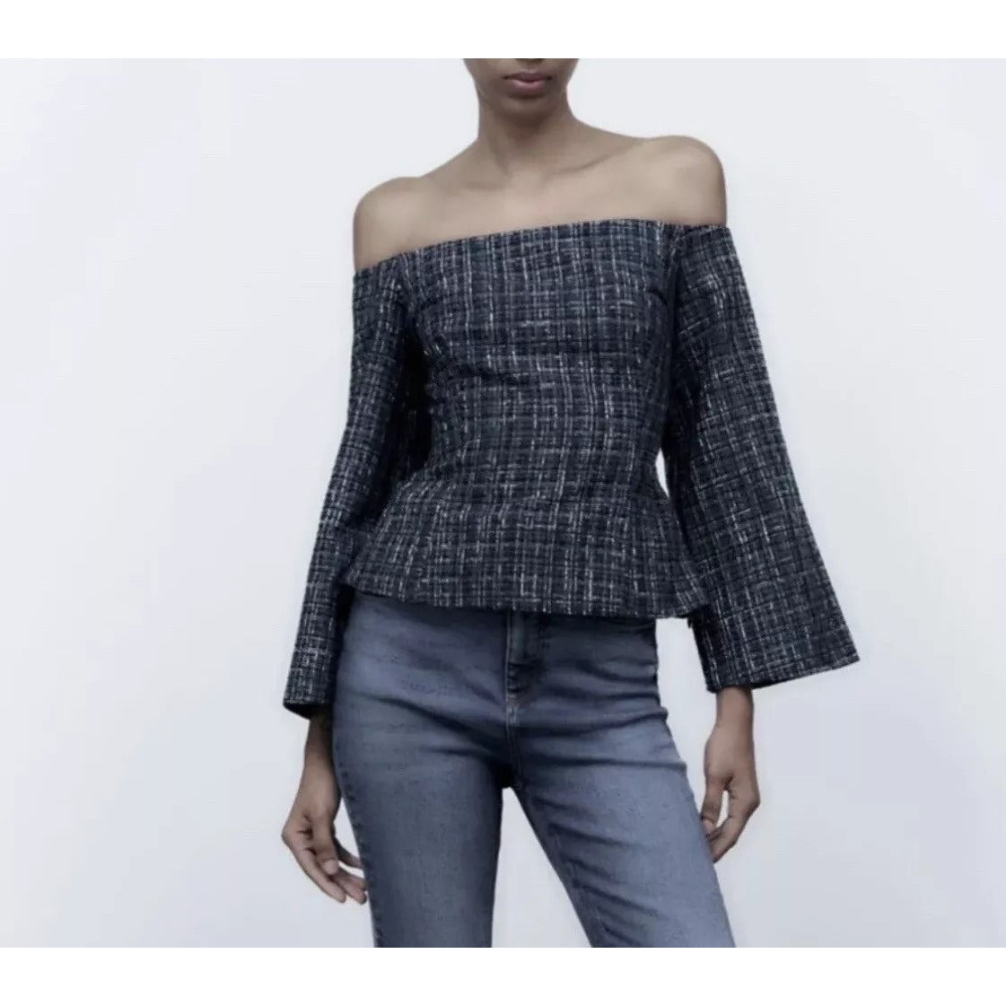 NWT Zara Tweed Off-the-Shoulder Bell Sleeve Crop Top Size XS