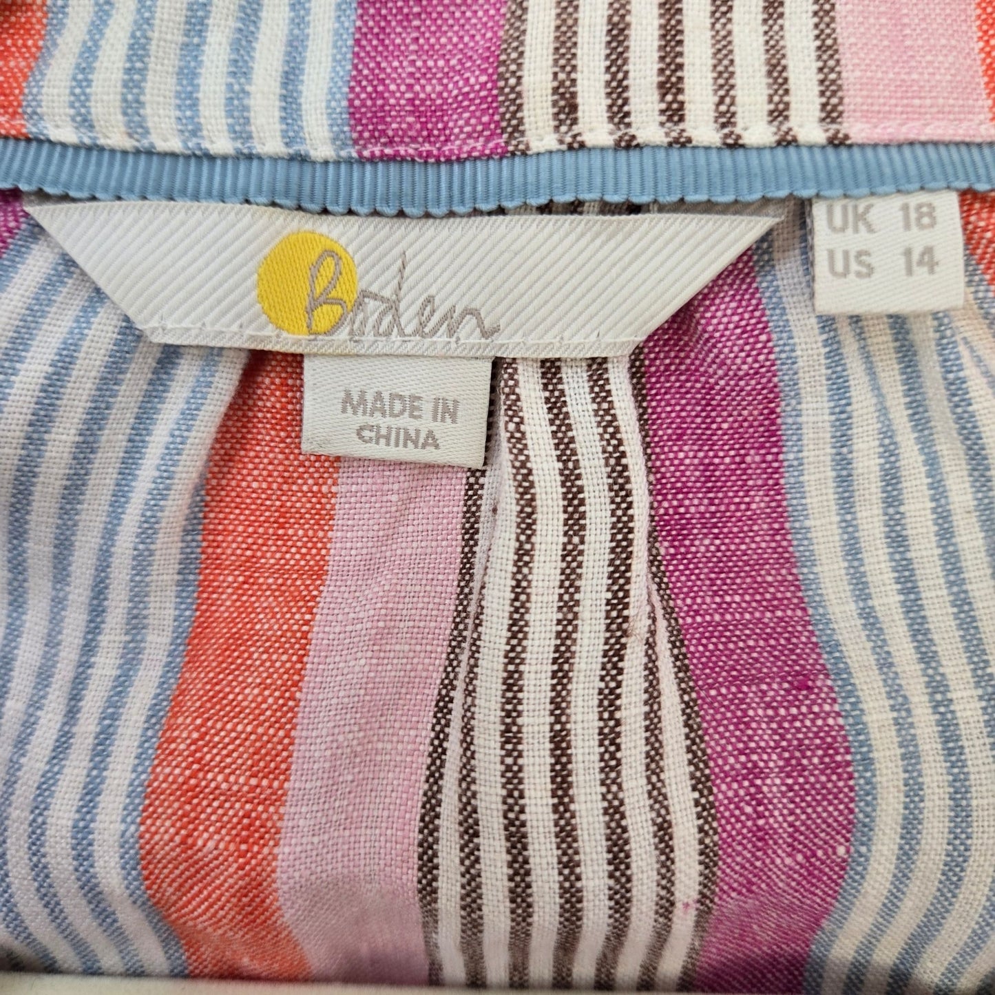 Boden 100% Linen Striped Button Down Shirt Size 14