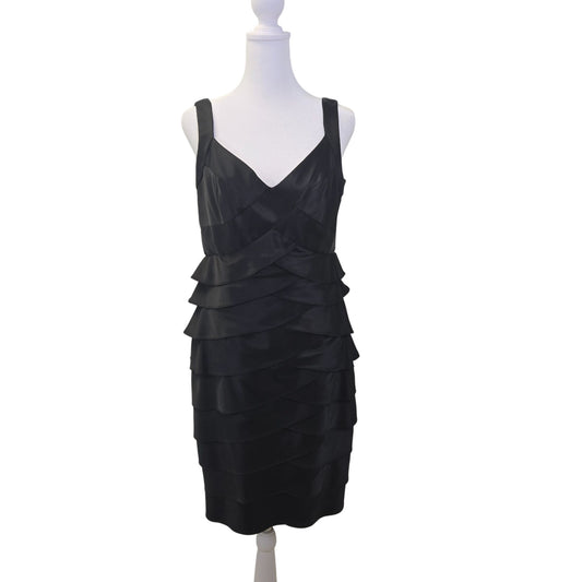 London Times Satin Layered Little Black Bodycon Dress Size 10 Petite