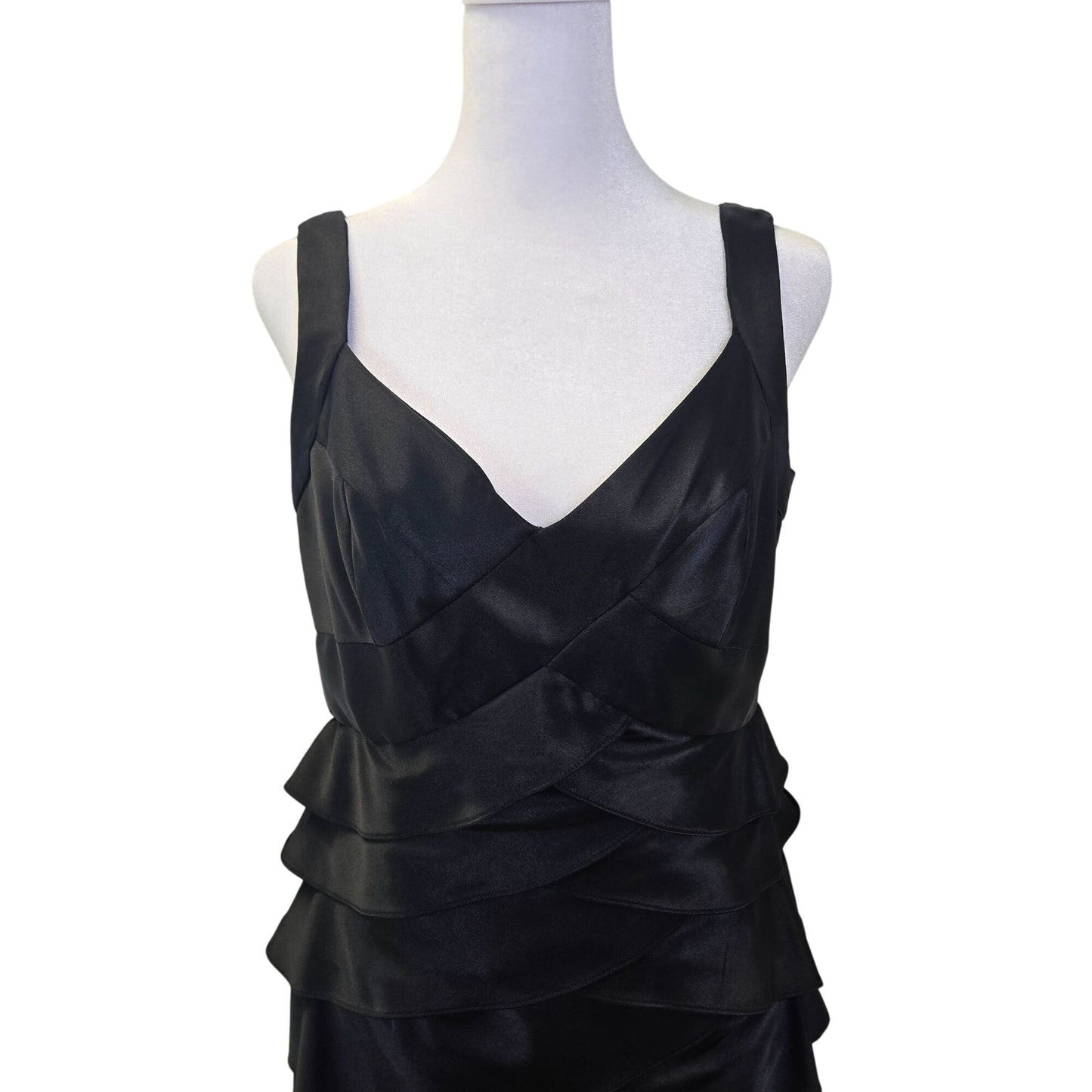 London Times Satin Layered Little Black Bodycon Dress Size 10 Petite