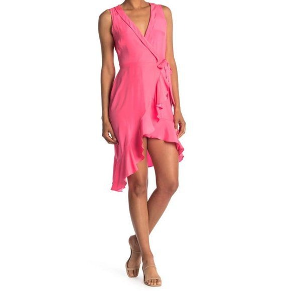 Amanda Uprichard Mary Kate 100% Silk Wrap Dress in Fluro Pink Size Small
