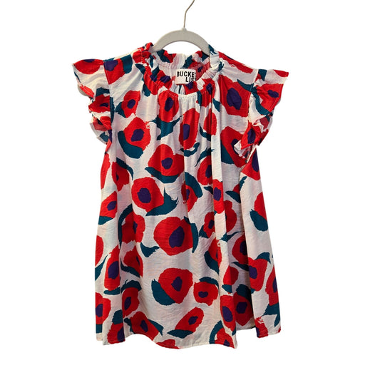 Bucket List Poppy Floral Print Ruffle Trim Cap Sleeve Blouse Size Large (est)