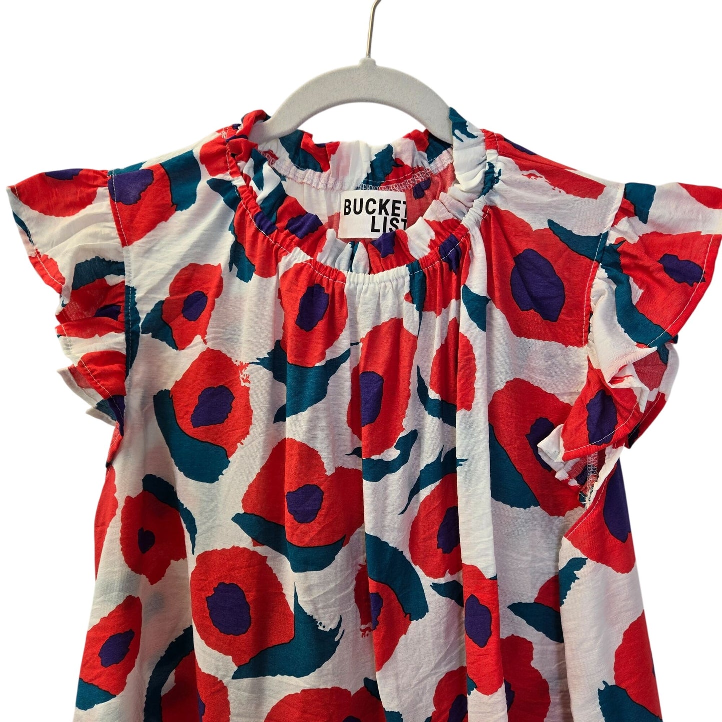 Bucket List Poppy Floral Print Ruffle Trim Cap Sleeve Blouse Size Large (est)