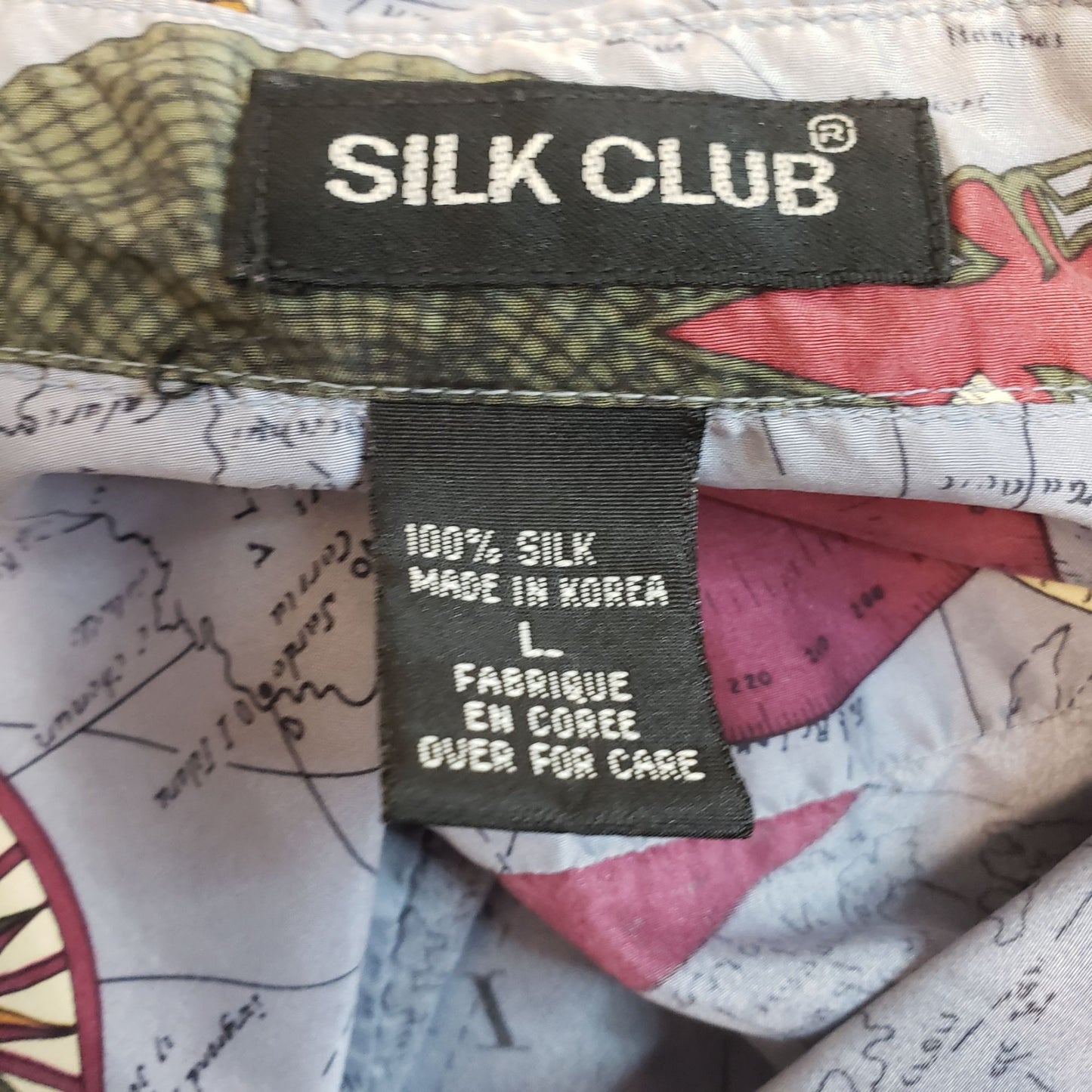 Vintage Silk Club 100% Silk Map Print Button Down Shirt Size Large