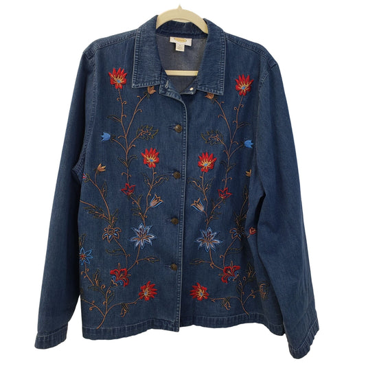 Talbots Floral Embroidered Button Front Denim Shirt Shacket Size XL