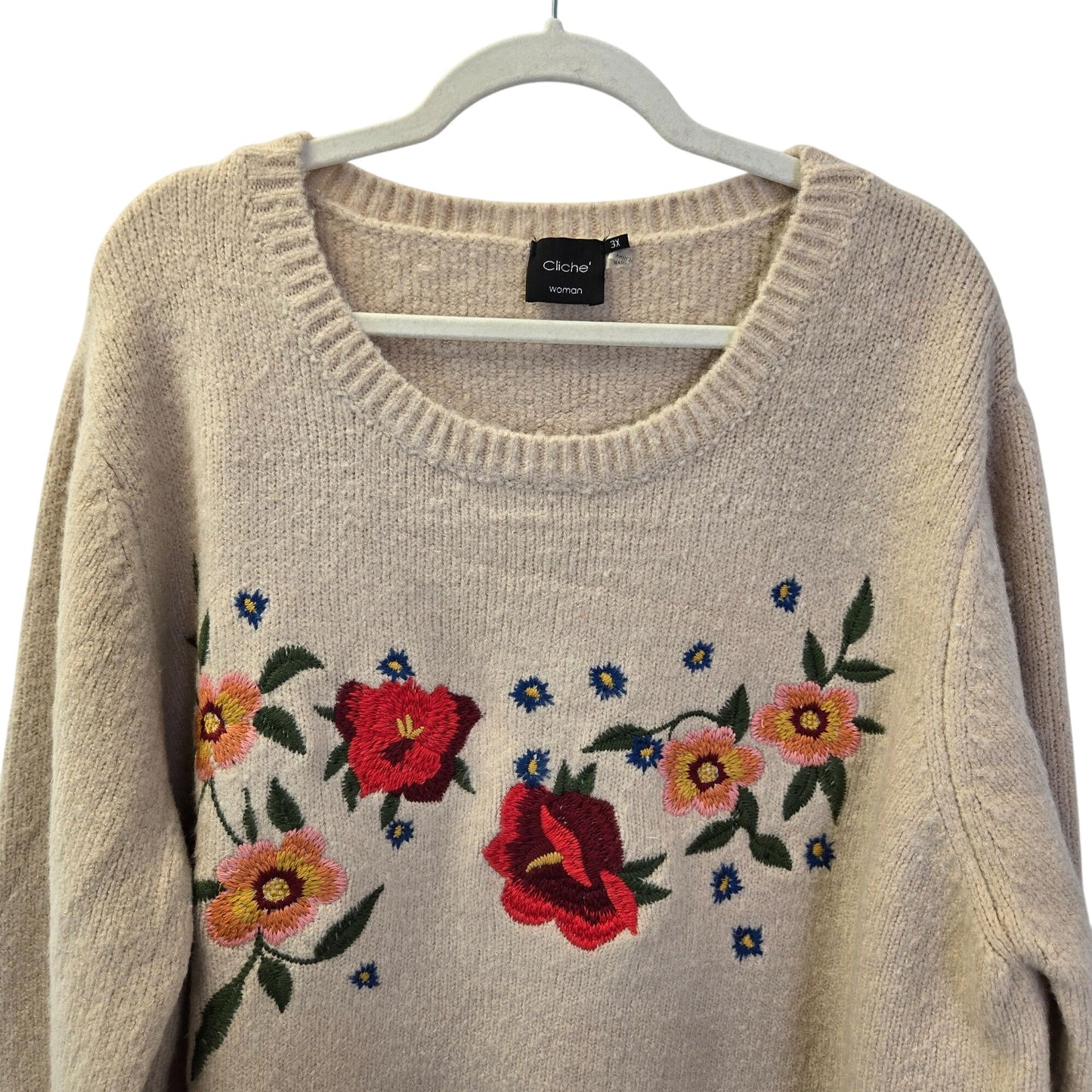 Cliche Woman Wool Blend Embroidered Boho Sweater Size 3XL