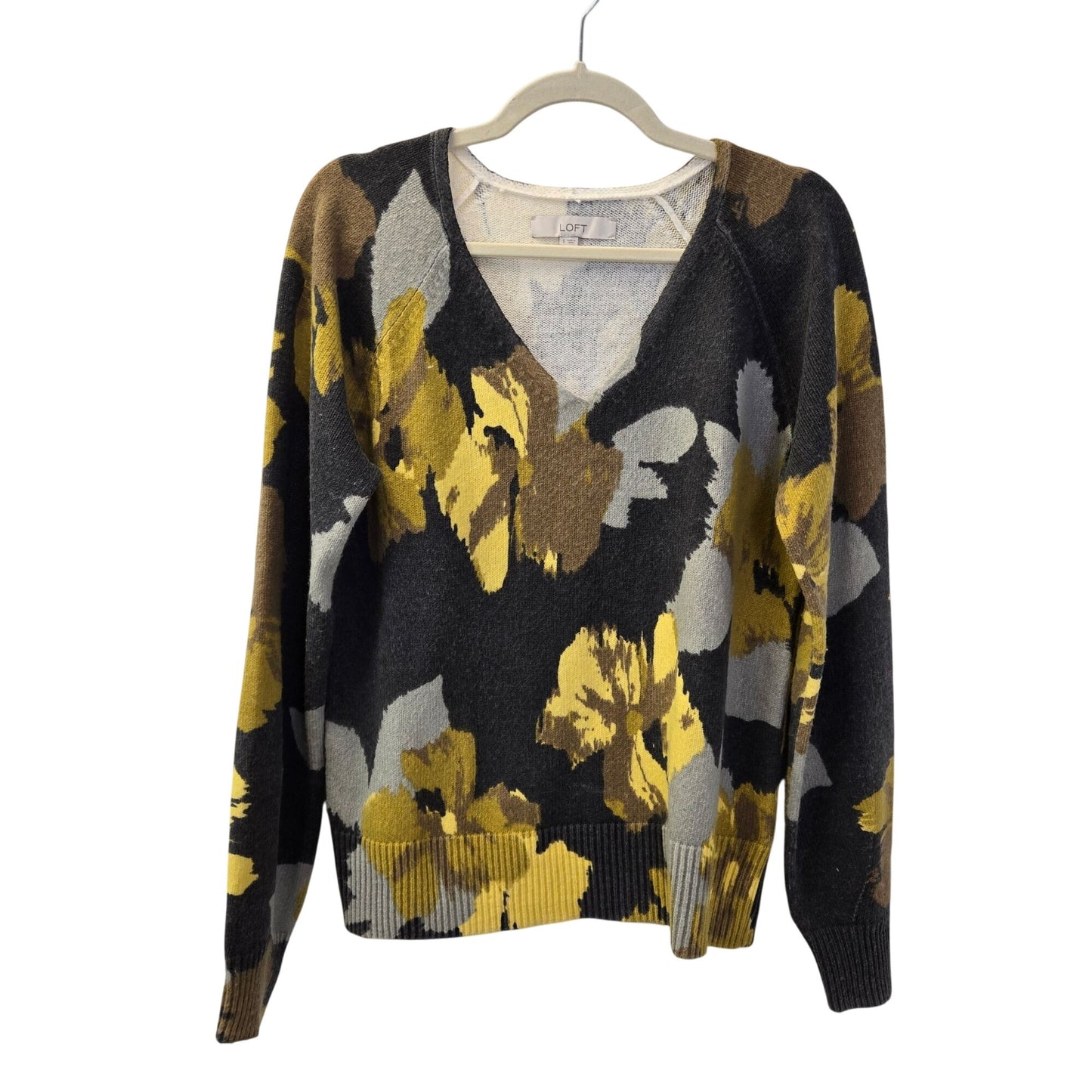 Loft Floral V-Neck Cotton Blend Sweater Size Small