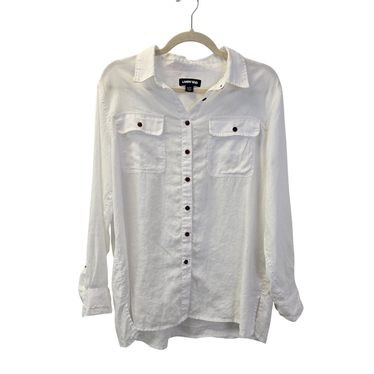 Lands' End 100% Linen Button Down Roll Tab Sleeve Top Size Large Petite