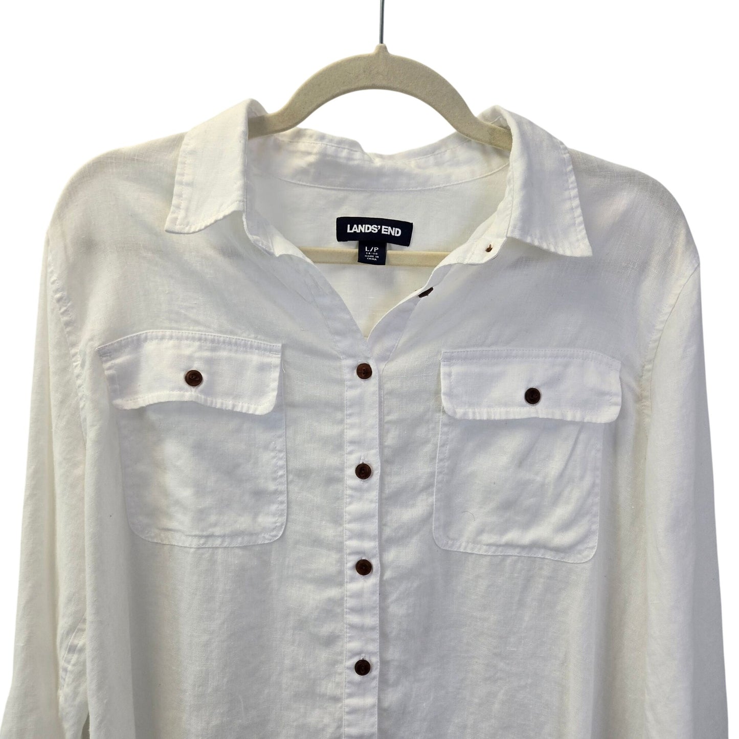 Lands' End 100% Linen Button Down Roll Tab Sleeve Top Size Large Petite