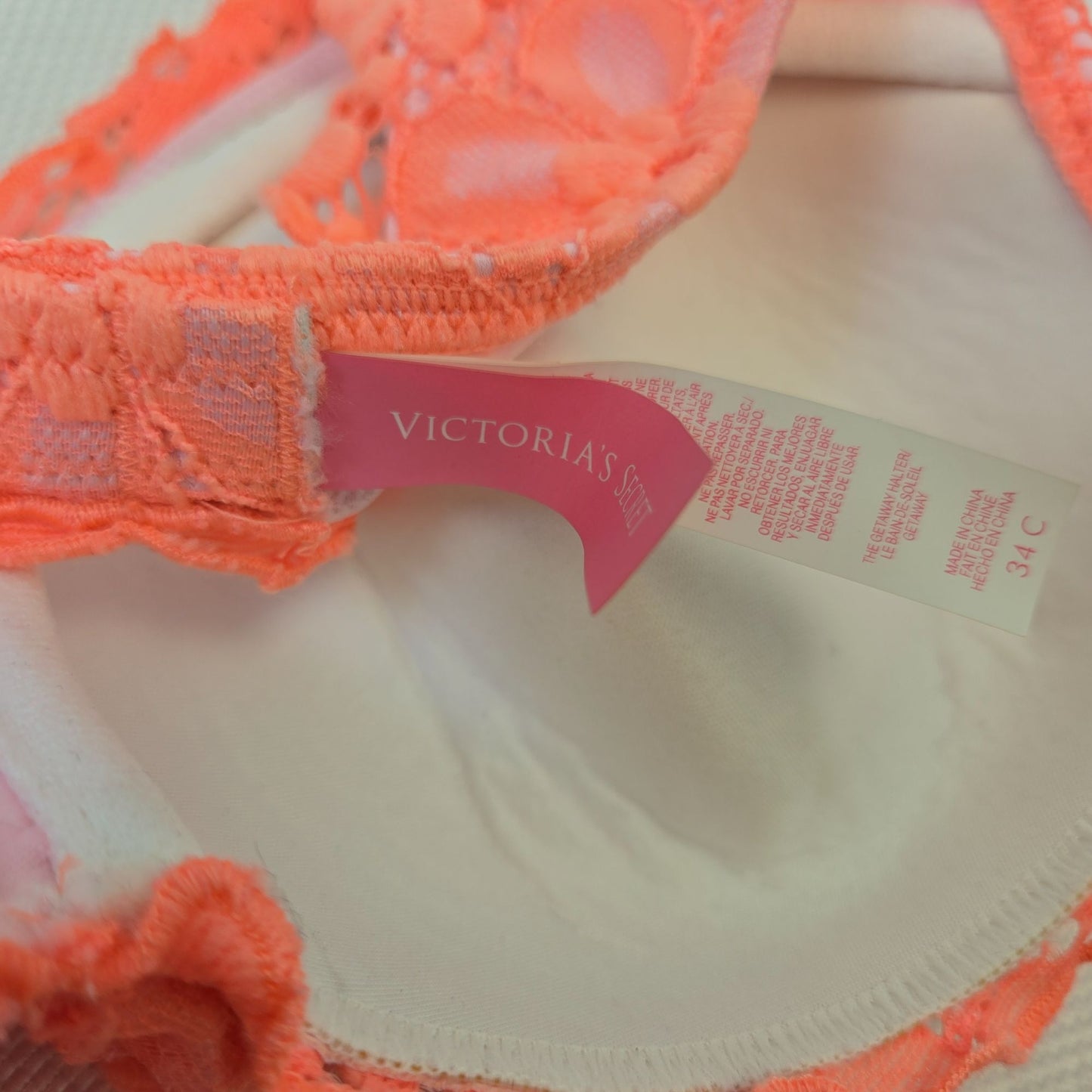 Victoria's Secret Neon Orange Lace Overlay Padded Bikini Top Size 34C