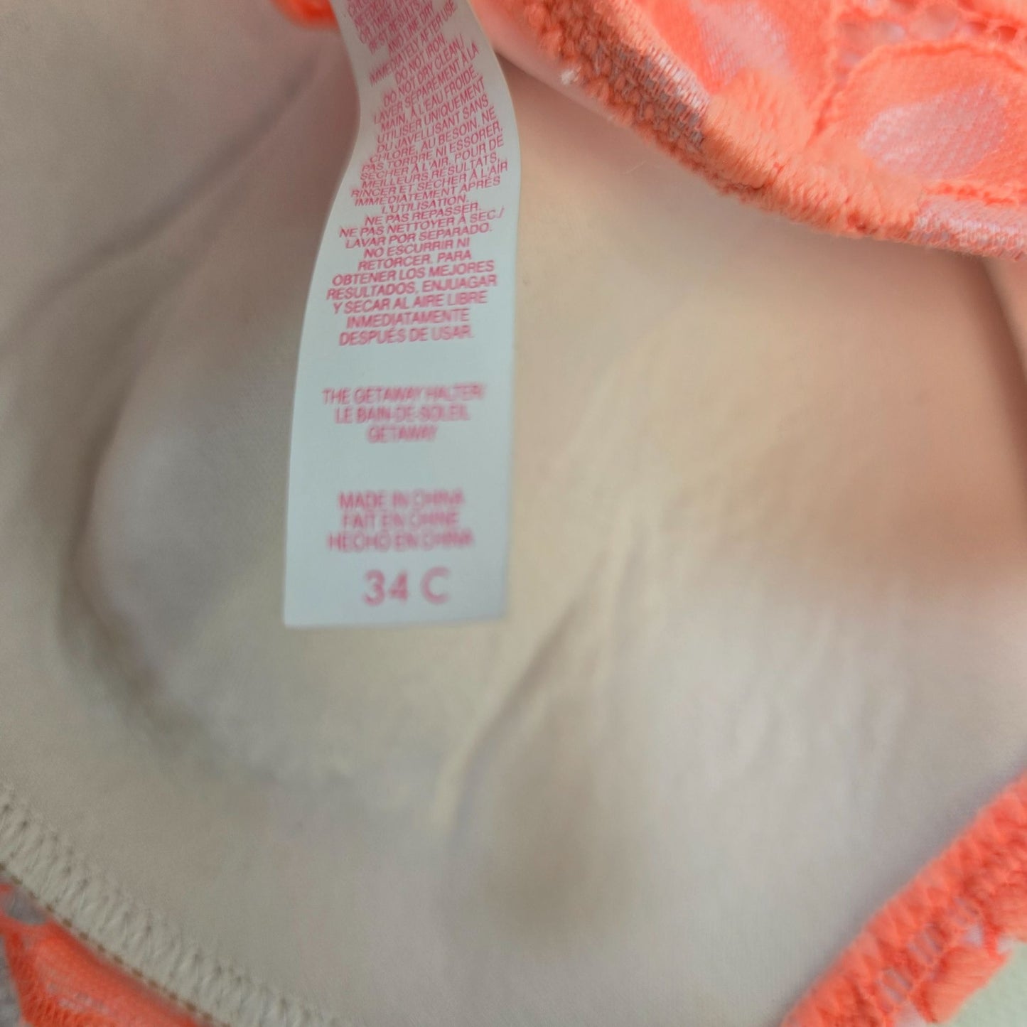 Victoria's Secret Neon Orange Lace Overlay Padded Bikini Top Size 34C