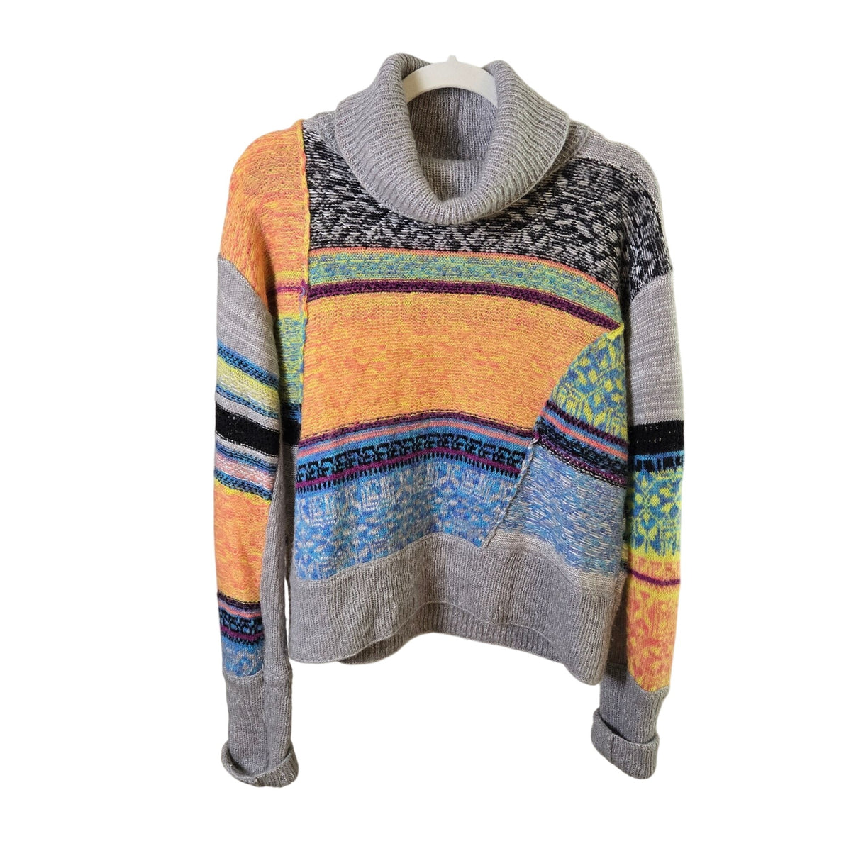 Free People This & That Stripe Mix Print Wool Blend Turtleneck Sweater Size Medium
