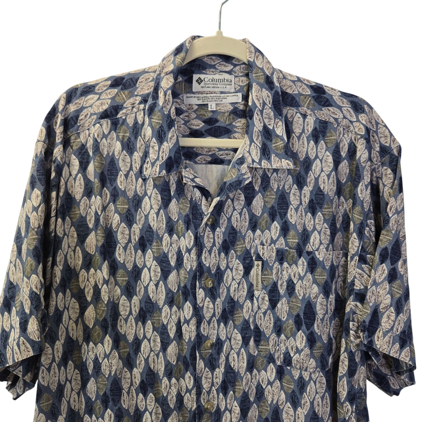 Columbia Linen Blend Feather Print Short Sleeve Button Down Shirt Size Large