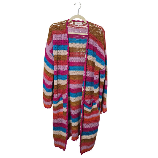 Xirena Carsyn Crocheted Rainbow Stripe Longline Open Cardigan Sweater Size Large